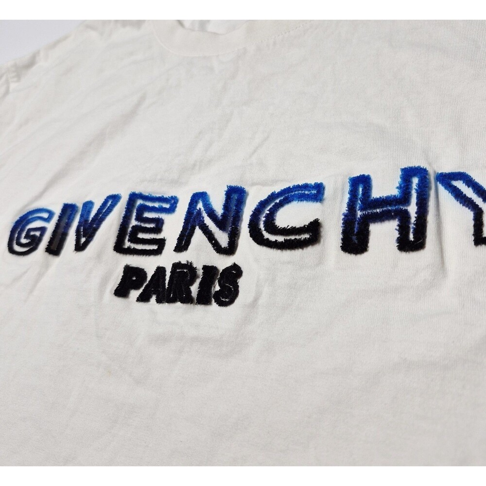 Authentic Givenchy White Blue Gradient Chenille Logo Slim Fit T-Shirt in Mens XL